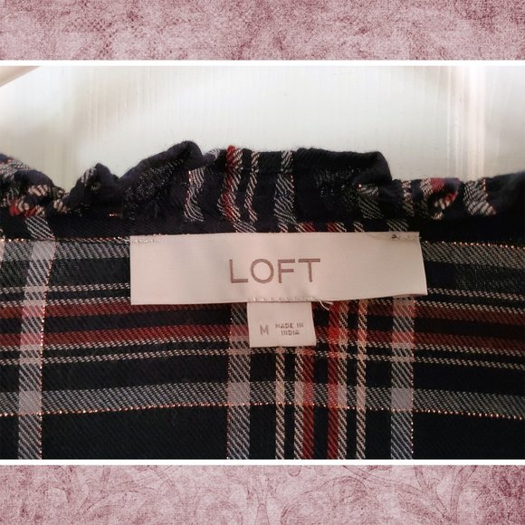 Loft Navy Plaid Blouse LIKE NEW - Picture 2 of 6